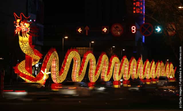 A huge dragon lantern is set up to celebrate the Chinese New Year of Ox