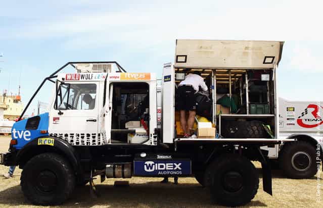 A race vehicle is seen in the Base Naval Mar del Plata during scrutineering for the 2012 Dakar Rally