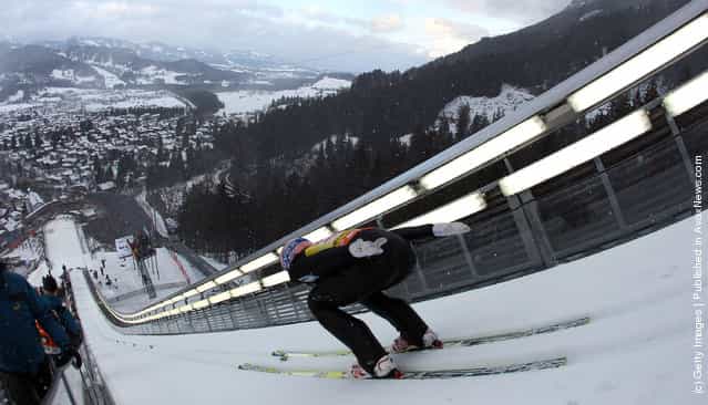 Andreas Kofler of Austria competes during the training round for the FIS Ski Jumping World Cup event of the 60th Four Hills ski jumping tournament
