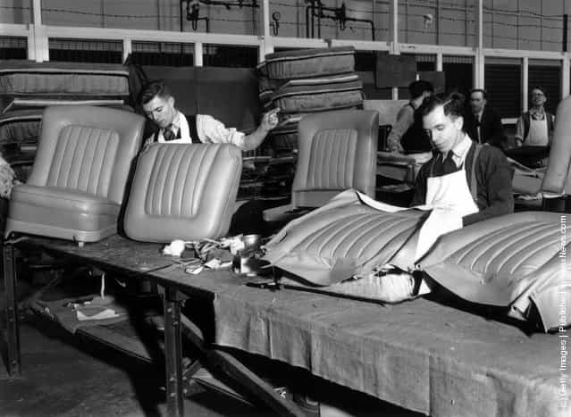 1950: Men at work in the Trimming Shop in the Rolls Royce Factory in Crewe