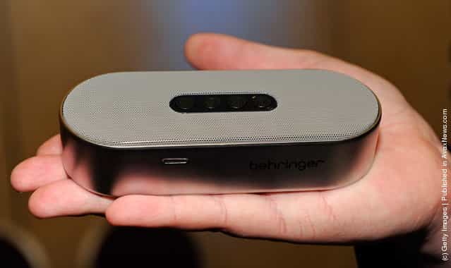 A Behringer Mini Blue rechargeable Bluetooth speaker