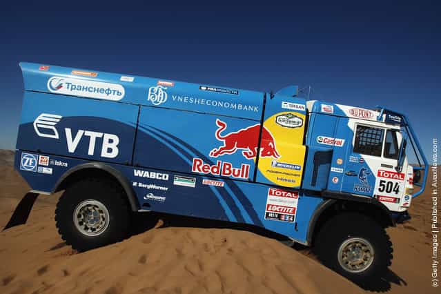 Ayrat Mardeev of Russia drives his Kamaz truck over a sand dune during stage seven of the 2012 Dakar Rally