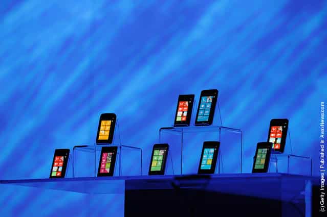 New Windows phones are on display during Microsoft CEO Steve Ballmers keynote address at the 2012 International Consumer Electronics Show