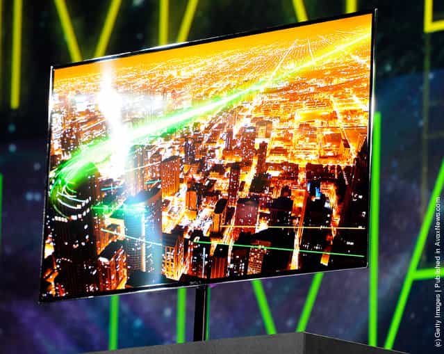A Samsung 55-inch super OLED TV is displayed during a press event at The Venetian for the 2012 International Consumer Electronics Show