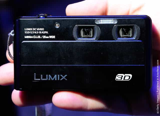The Lumix Dual Lens 3D1 camera is displayed at the Panasonic booth at the 2012 International Consumer Electronics Show