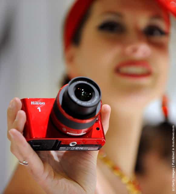 A Nikon 1 camera is displayed at the Nikon booth at the 2012 International Consumer Electronics Show