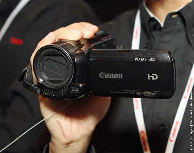 Canon displayed their recently released Vixia HFM52 video camera at the 2012 International Consumer Electronics Show