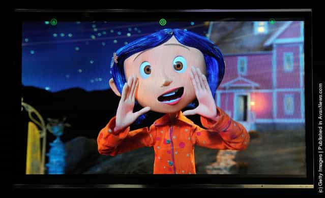 A glasses-free Toshiba 55-inch 3-D 4x full HD TV shows the movie, Coraline at the 2012 International Consumer Electronics Show