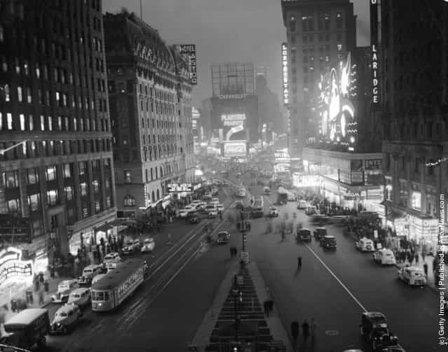 An overhead view of Times Square at night, New York City, New York, 1937
