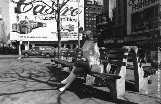 1969: Actress Linda Hayden on a bench in Times Square, New York
