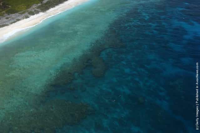 An aerial view of snorklers are seen exploring the reef on Lady Elliot Island, Australia