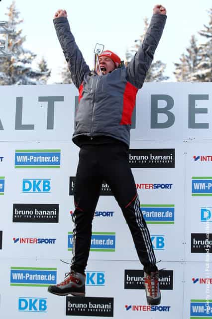 Felix Loch of Germany celebrates after he wins the gold medal during the men's single run in the Luge World Championship