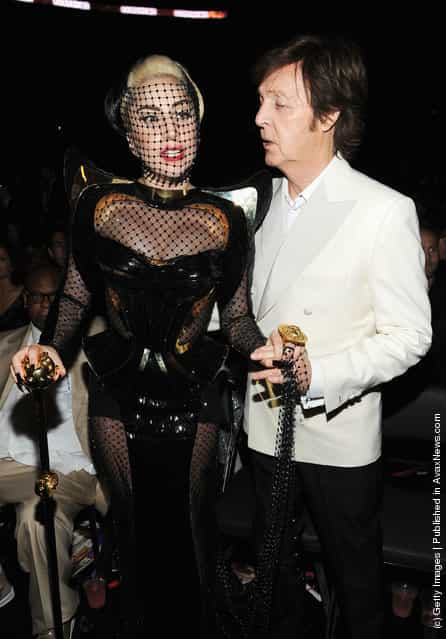 Singer Lady Gaga and musician/singer Sir Paul McCartney in the audience at the 54th Annual GRAMMY Awards held at Staples Center