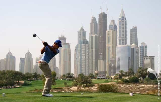 Rafael Cabrera-Bello of Spain hits his tee-shot on the eighth hole during the third round of the Omega Dubai Desert Classic