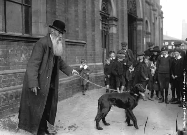 1912: Mr Bond with his Irish Setter Derry Sunsrar arrives at the Belfast Championship Dog Show