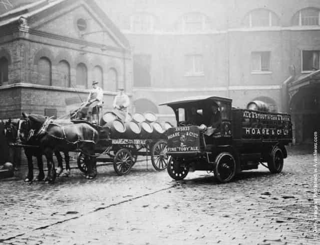 1922: A horse-drawn cart and an electric lorry at Hoare and Cos Brewery