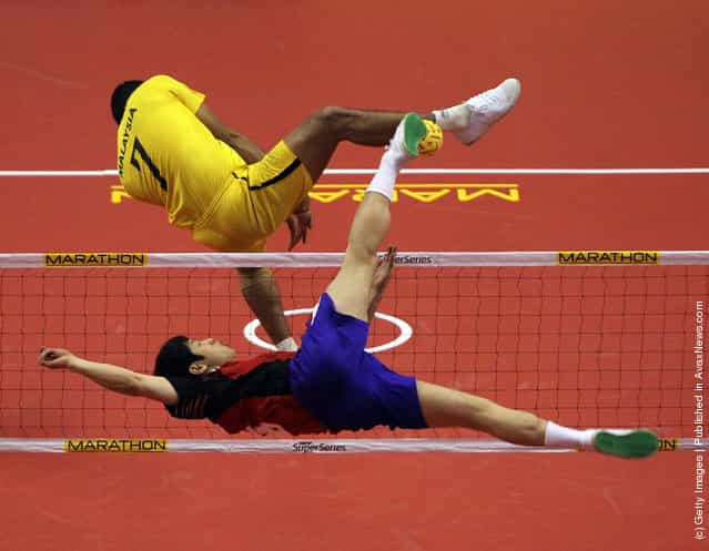 Sepaktakraw: South Koreas Im An Soo returns a shot in the mens semi-final match against Malaysia during day three of the ISTAF Super Series at the Palembang Sport Convention Center