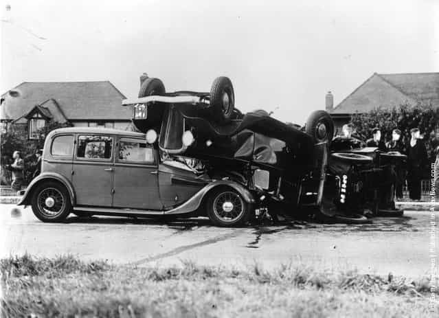 1939: A three car crash on the Kingston By-Pass, two of the cars are overturned