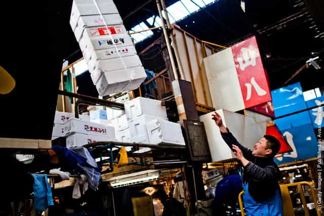 A worker throws empty ice boxes up to be stored at the Tsukiji fish market