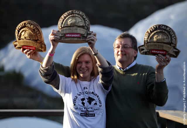 Winners of the World Cornish Pasty Championships, Suzanne Manson, who won the amateur category and Graham Cornish, from Ginsters who won the professional category, pose for a photograph at The Eden Project