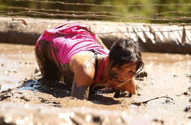 Lisa Yu crawls through a mud pit under low slung barbed wire as she competes in The Tough Bloke Challenge