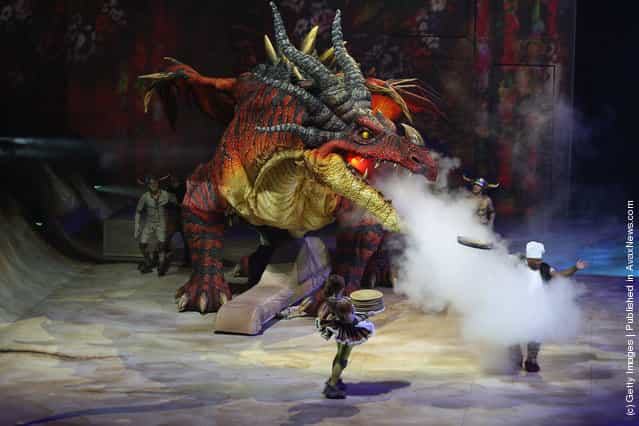A scene is played out during a scene run through of the How to Train Your Dragon Arena Spectacular at Hisense Arena in Melbourne