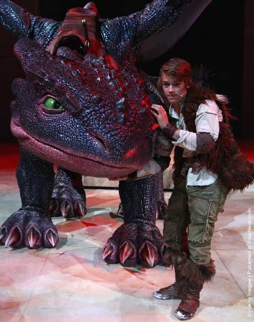A scene is played out during a scene run through of the How to Train Your Dragon Arena Spectacular at Hisense Arena in Melbourne