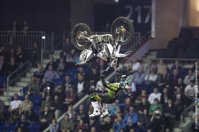 Brice Izzo races at the Night of the Jumps freestyle motocross acrobatics at O2 arena