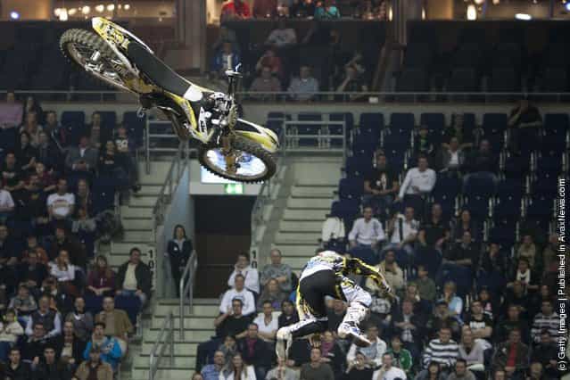 Maikel Melero crashes as he races at the Night of the Jumps freestyle motocross acrobatics at O2 arena