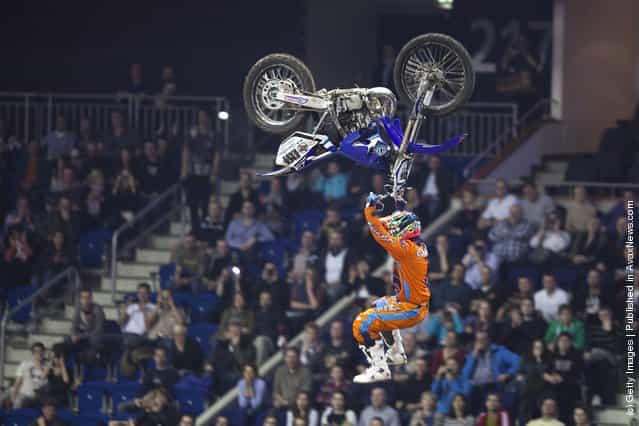 Javier Villegas races at the Night of the Jumps freestyle motocross acrobatics at O2 arena