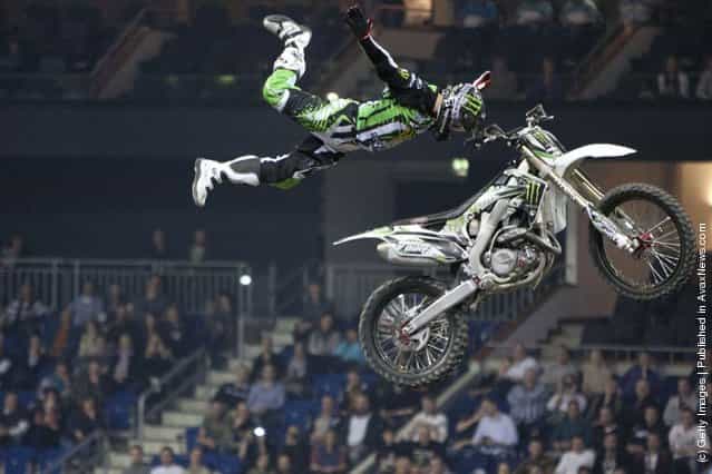 Remi Bizouard races at the Night of the Jumps freestyle motocross acrobatics at O2 arena