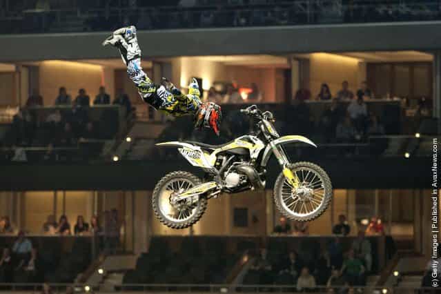 Maikel Melero races at the Night of the Jumps freestyle motocross acrobatics at O2 arena