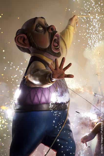 A combustible Ninot caricatures burn during the last day of the Fallas festival on March 19, 2012 in Valencia, Spain
