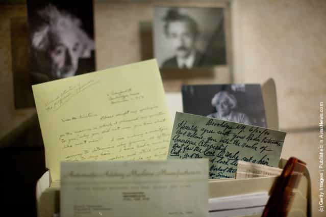 Documents are seen on display as the Hebrew University of Jerusalem launches the all-new, expanded Albert Einstein Archives