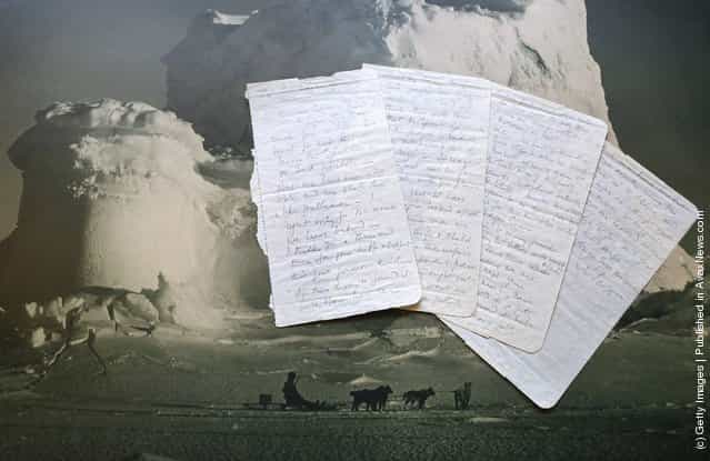 he final letter written by Captain Robert Falcon Scott before his death is displayed on a Herbert Ponting photograph 'The Castle Berg' at Bonhams auctioneers