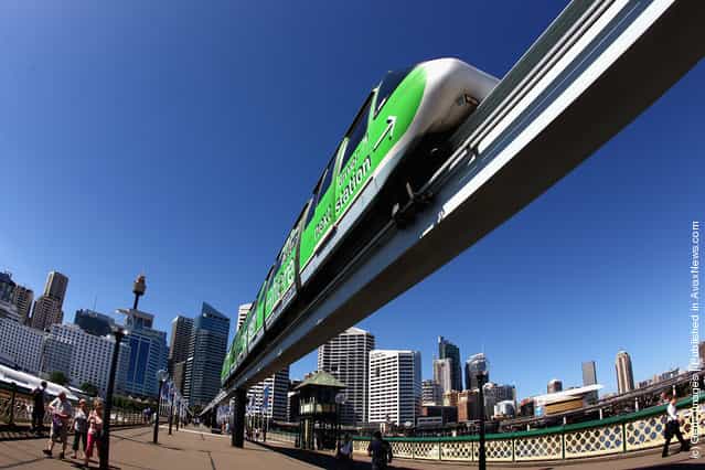 A Sydney Monorail is seen at Darling Harbour