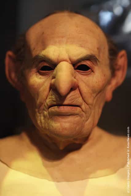 A mask worn by an actor who played a goblin at Gringotts Bank in the Harry Potter Films is displayed at the new Harry Potter Studio Tour at Warner Brothers Leavesden Studios