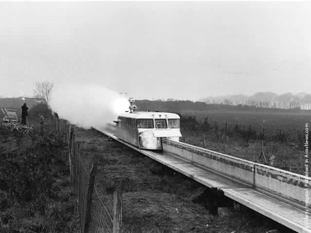 The French rocket-boosted hover train unit, known as the aerotrain monorail, which set a new world speed record in 1967