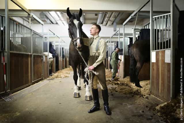 Trooper Lee Holland of The Household Cavalry Mounted Regiment (HCMR) stands with his horse Goliath at Hyde Park Barracks