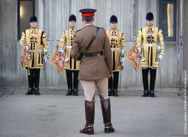  An officer (C) inspects The State Trumpeters of The Household Cavalry Mounted Regiment (HCMR) during parade at Hyde Park Barracks
