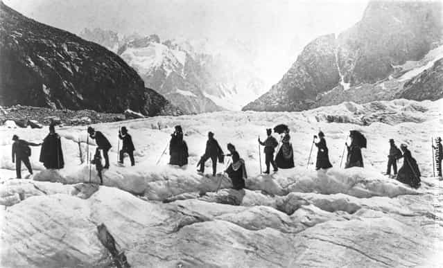 Victorian travellers trekking on the Chamonix Glacier in the Savoy Alps, 1867