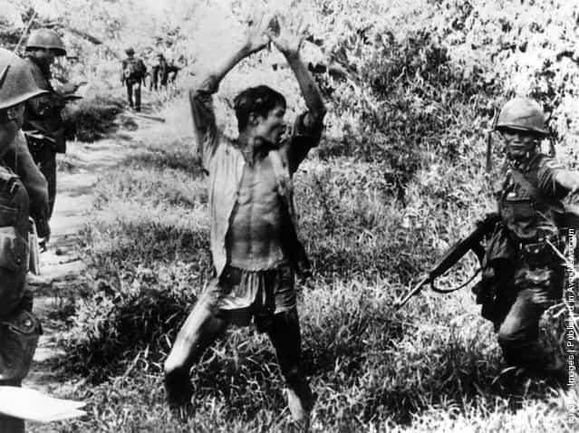 1967: A Viet Cong suspect holds his hands up after a Vietnamese Ranger from the 21st Vietnam Infantry Division routed him from his hiding place