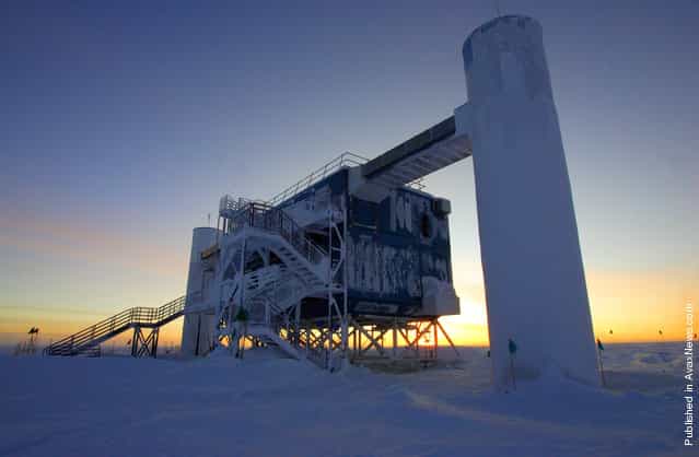 The Ice Cube Laboratory at Amundsen-Scott South Pole station on September 20, 2010, as dawn was breaking after six months of darkness. Ice Cube is the world's largest neutrino detector