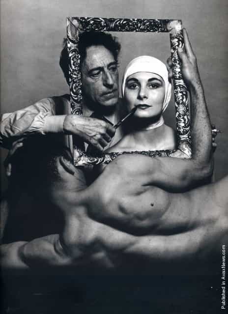 French poet, artist and filmmaker Jean Cocteau with actress Ricki Soma and dancer Leo Coleman. USA, New York City. 1949. Photo by Philippe Halsman