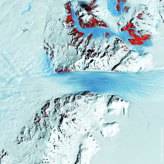 Truly a river of ice, Antarctica’s relatively fast-moving Byrd Glacier courses through the Transantarctic Mountains at a rate of half a mile (0.8 kilometers) per year