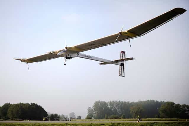 Company CEO Andre Borschberg pilots the experimental aircraft Solar Impulse for its first intercontinental flight to Morocco from an airbase in Payerne, Switzerland on May 25, 2012