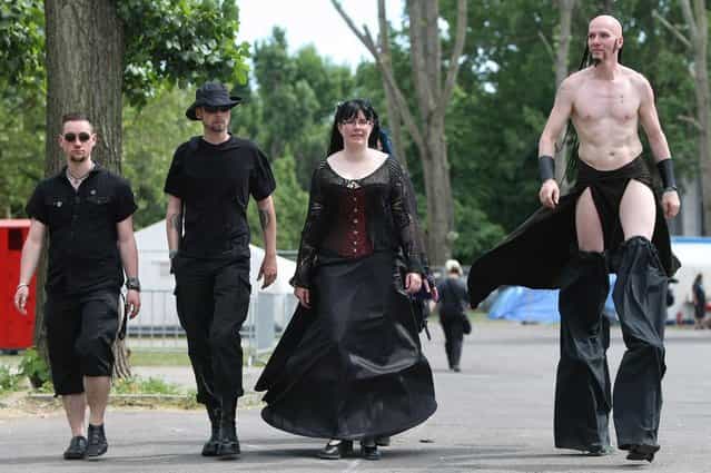 Gothic enthusiasts pose during the annual Wave-Gotik-Treffen music festival on May 26, 2012 in Leipzig, Germany