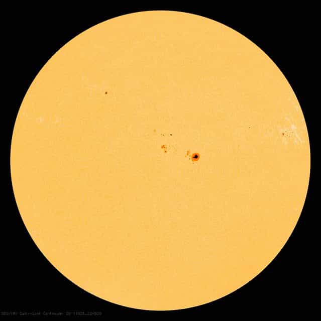 This May 9, 2012 image of the sun, captured by NASAs Solar Dynamics Observatory, shows the huge sunspot complex known as AR 1476
