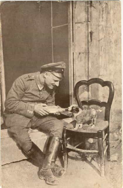 A german sergeant (unteroffizier) from Flieger-Abteilung 9, something for the fellows from the Flying Circus, feeding a puppy during WWI. Circa 1915