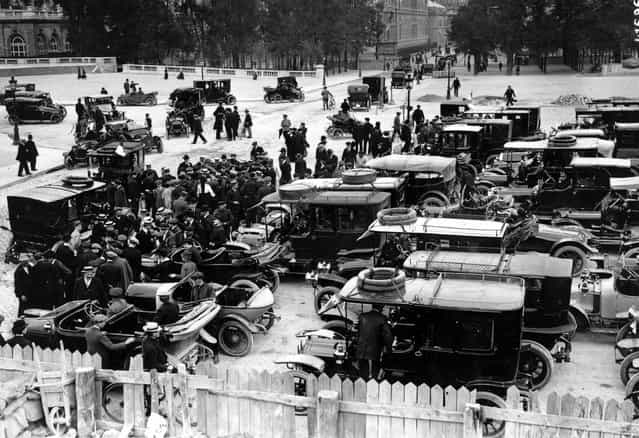 Commandeered private automobiles for army usage parked in Paris, 1914.